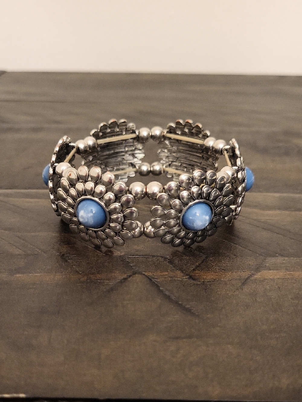Silver Floral Statement Bracelet with Light Blue Cabochons